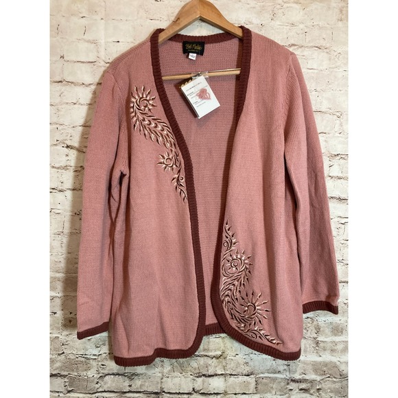Bob Mackie Sweater Womens Large Pink Open Front Cardigan Embroidered Artsy Knit - Picture 1 of 13